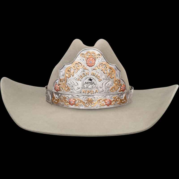 Celebrate your royalty with the silver plated Rose Dunn Rodeo Queen Crown - featuring intrinte bronze scrollwork and copper flowers in a hand engraved silver base. Perfect for the youngest rodeo queens! 
